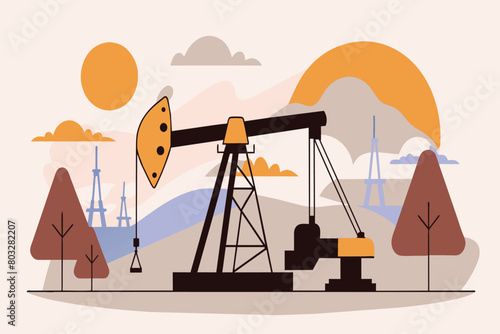 Oil pump jack operates against a sunset backdrop with drilling rigs