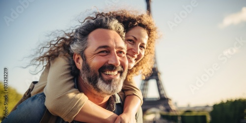 Mature couple showing love near eiffel tower. Paris the city of love. Generative AI.