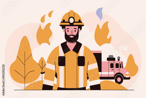 A firefighter stands ready as flames rise behind him