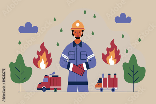 A firefighter prepared for action amidst flames and fire trucks
