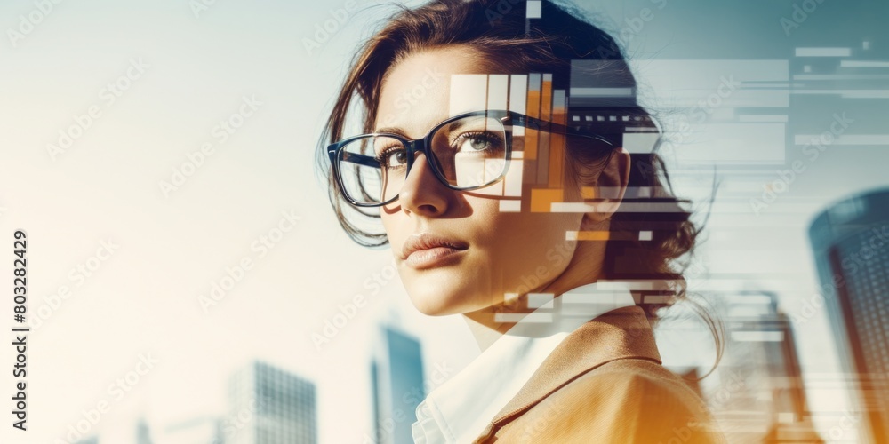 Double exposure of businesswoman silhouette and modern city. Generative AI.
