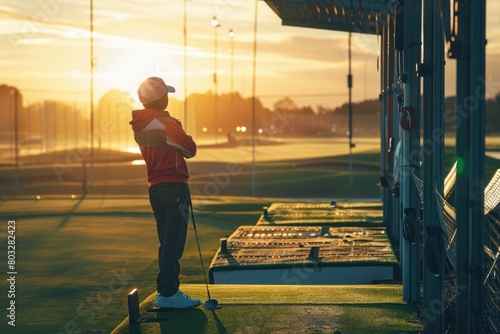 Man standing on green field with golf club, perfect for sports and leisure concepts