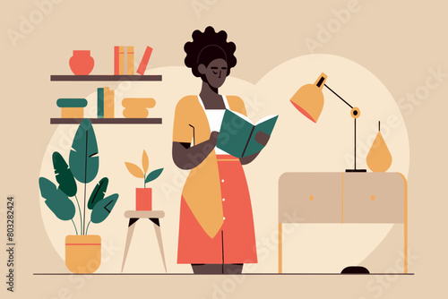 A woman engrossed in reading, surrounded by indoor plants and soft lighting