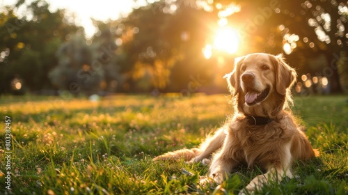 Golden retriever lying in the grass at sunset photo