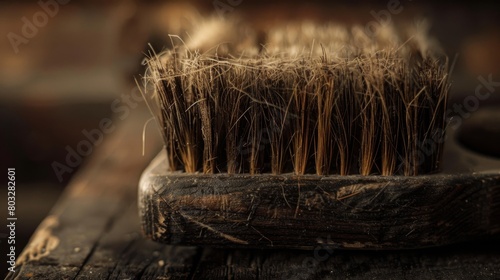 A detailed close-up of a vintage horsehair brush on a rustic wooden surface photo