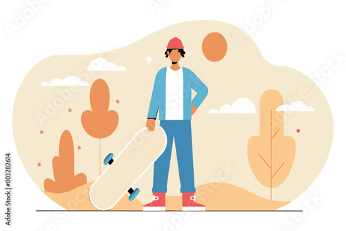 A cool skateboarder stands with his board in a desert at sunset