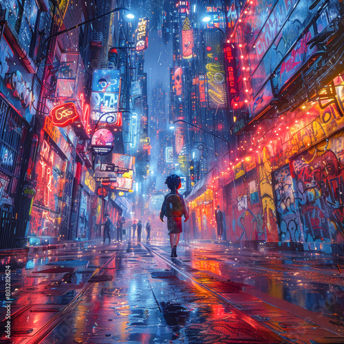 A lone figure walks through a neon-lit  rain-soaked cyberpunk cityscape  surrounded by vivid advertisements and urban graffiti.