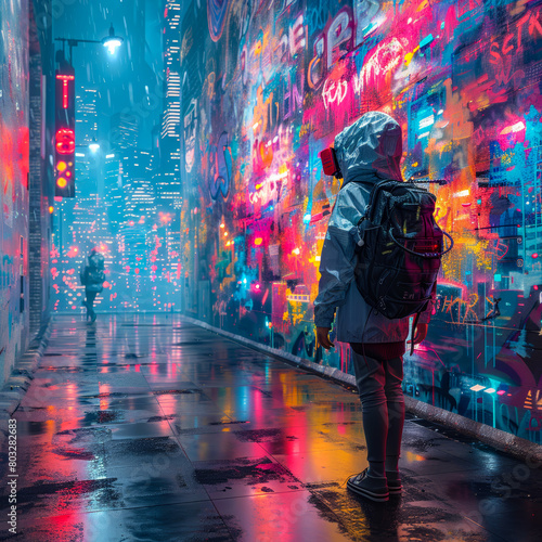 A solitary figure stands in a rain-soaked, neon-lit alleyway, surrounded by vibrant graffiti, creating a vivid urban nightscape. photo