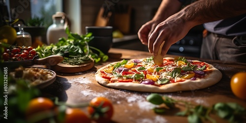 Close-up of female hands cutting fresh vegetables for pizza in kitchen