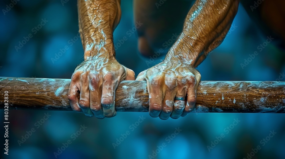 Gymnast demonstrates remarkable strength and precision while gripping uneven bars Gymnast demonstrates remarkable strength and precision while gripping uneven bars