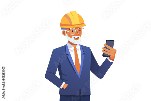 Senior businessman architect helmet construction site building architecture protective workwear phone smartphone modern flat design simple vector illustration isolated transparent background