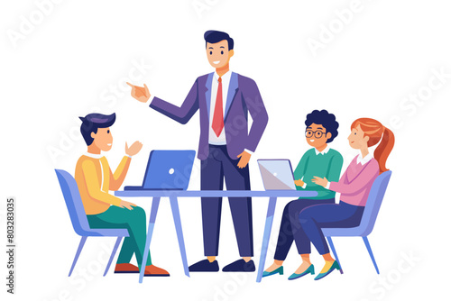 business meeting businessman man young office presentation whiteboard teamwork startup start up project group colleague student seminar businessperson modern flat design simple vector illustration