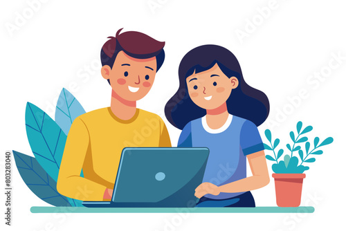 laptop man woman computer technology home couple young together happy happiness smiling togetherness male internet online wife love modern flat design simple vector illustration isolated transparent