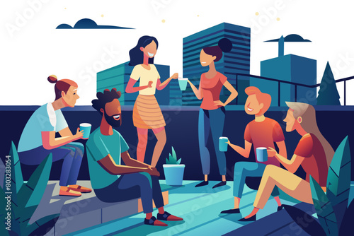 Woman Man Rooftop Friend Youth Young Party Friendship Talking Fun Happy Outdoor Group Drink Lifestyle Summer Together Terrace Leisure Modern Flat Design Simple Vector Illustration Isolated Transparent