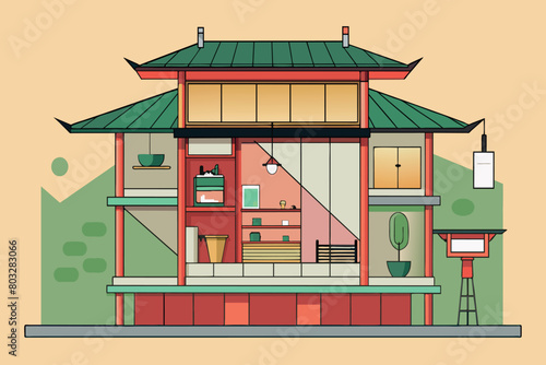 A cross-section of a red and green Asian-style home with furnishings
