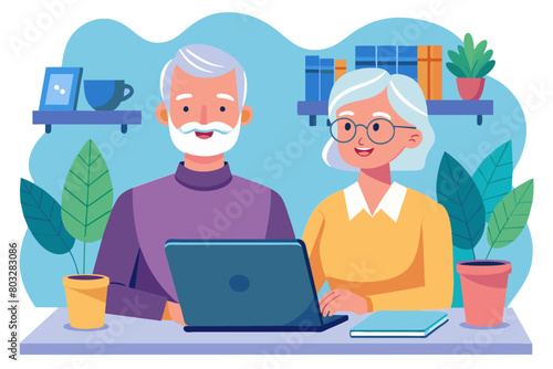 Woman laptop man computer technology retirement senior adult couple home female wife husband internet male smiling elderly happy together mature old modern flat design simple vector illustration