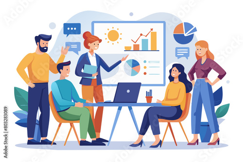 Young business people meeting office teamwork group whiteboard presentation seminar woman businessman businesswoman startup project idea student education training modern flat design simple vector