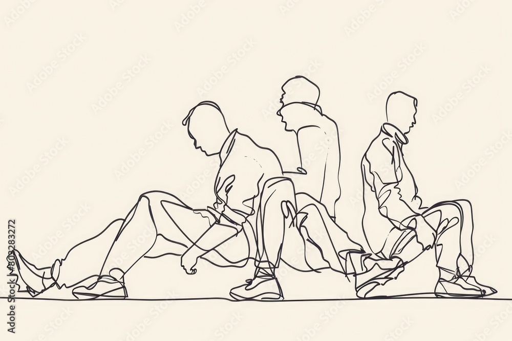 Obraz premium A line drawing of three people sitting on a bench. Suitable for various concepts