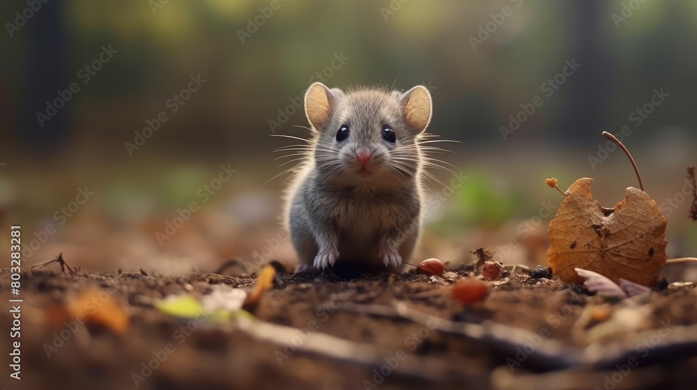 Curious Mouse in Autumn Forest with Golden Leaves and Soft Sunlight Curious Mouse in Autumn Forest with Golden Leaves and Soft Sunlight