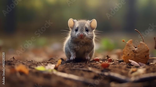 Curious Mouse in Autumn Forest with Golden Leaves and Soft Sunlight