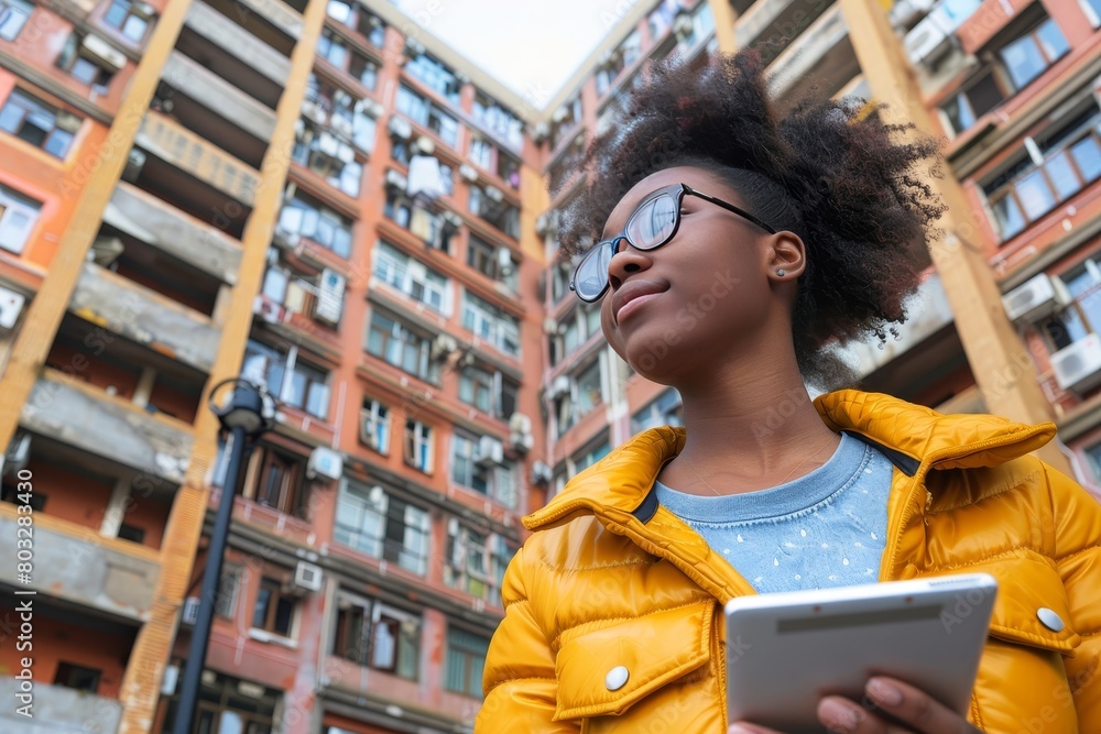 Female real estate agent with tablet visits apartment listing, exuding warmth and professionalism Female real estate agent with tablet visits apartment listing, exuding warmth and professionalism