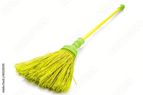 A yellow broom with a green handle on a white surface. Ideal for cleaning supplies concept