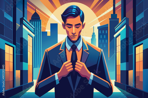 Suited man readies for the day against a city sunrise backdrop