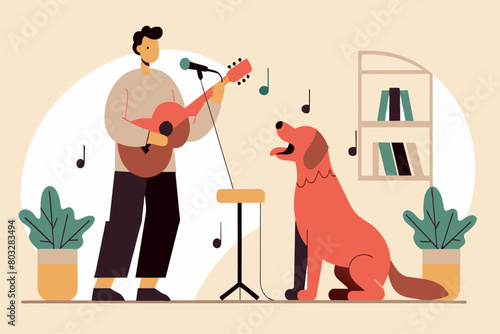 Man serenades his dog with a guitar in a warm indoor setting