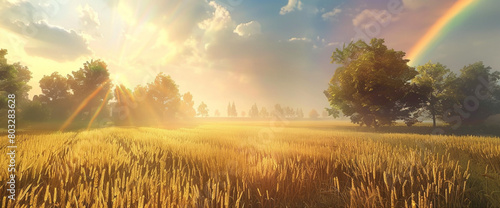 A sun-drenched field of golden wheat, bordered by lush trees and crowned by a magnificent rnbow spanning the entire breadth of the sky.