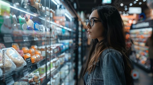 A woman with glasses is looking at the refrigerated section in a grocery store.