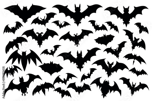 A group of stylized bat silhouettes mid-flight