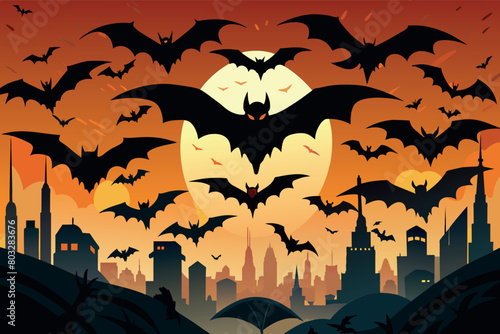 Bats in flight above an urban landscape as evening falls