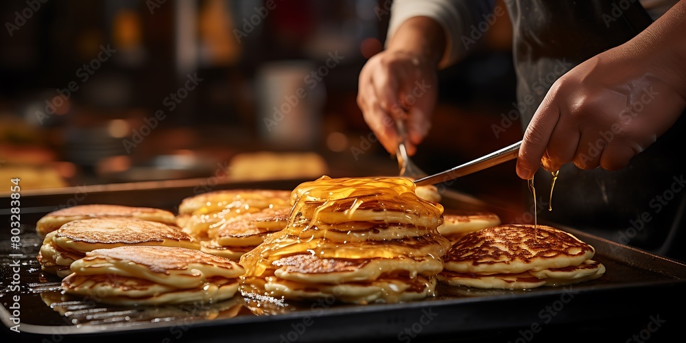 Close-up of a woman's hands preparing pancakes with honey.