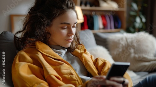 A young woman in a yellow jacket is sitting on a couch and looking at her phone.