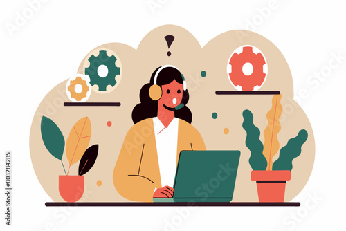 A focused customer service agent working on her computer with a headset