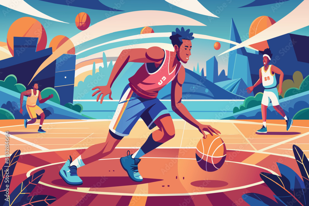 Fototapeta premium Animated basketball players engaged in an outdoor match