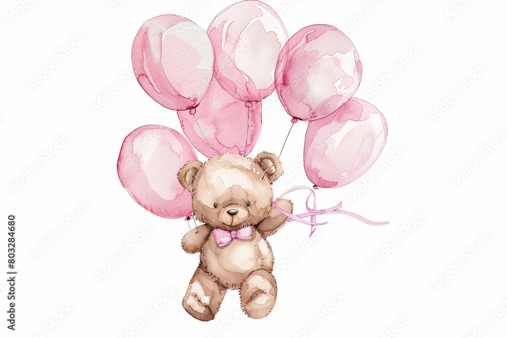 watercolor clipart cute nursery teddy bear with pink balloons Stock ...