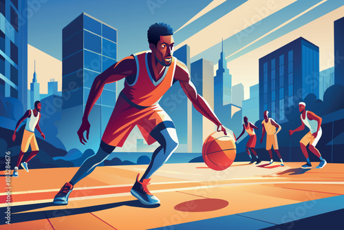 Players engage in a competitive basketball match at an urban court