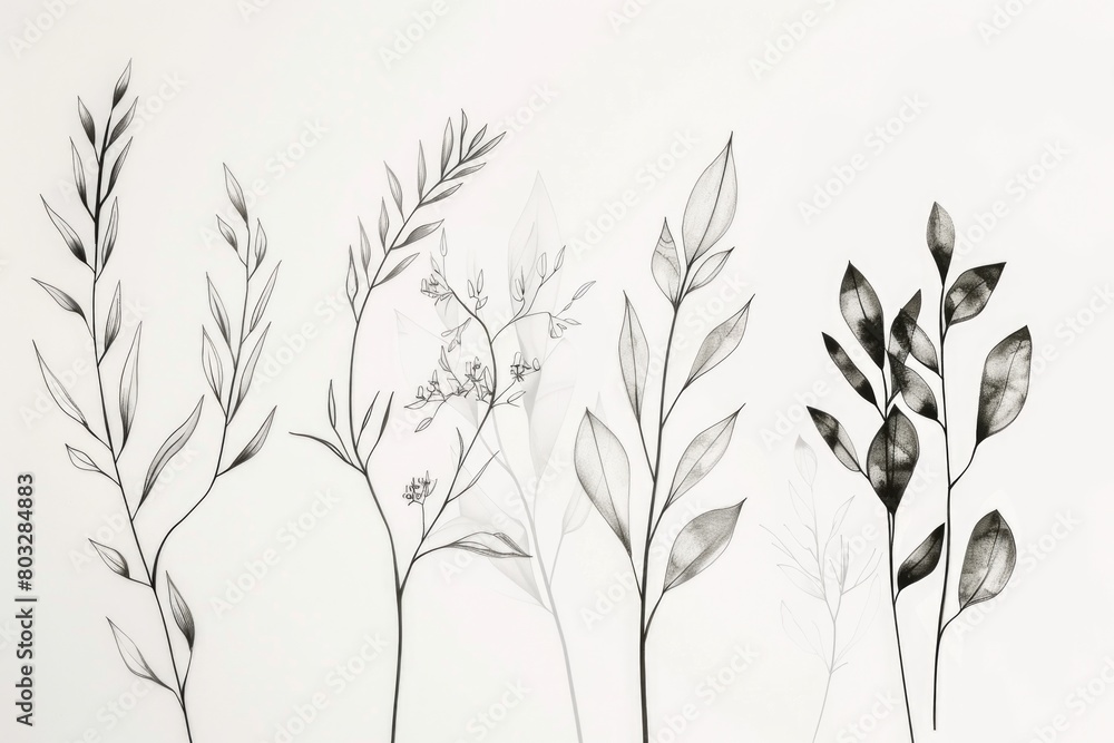 A detailed illustration of three different plant species. Suitable for educational materials or botanical references A detailed illustration of three different plant species. Suitable for educational materials or botanical references