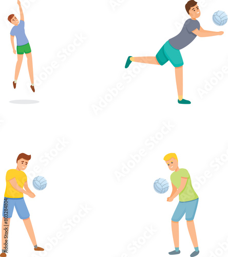 Volleyball icons set cartoon vector. People playing volleyball together. Sport, healthy lifestyle