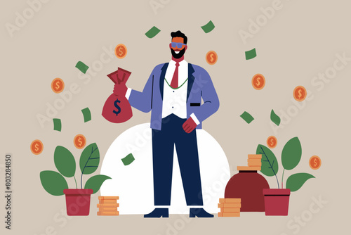 A content man with earnings surrounded by symbols of financial growth