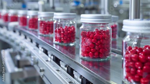 Picture showcasing a series of clear jars filled with red pills on a modern pharmaceutical conveyor belt