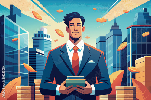 A businessman enjoys a flurry of coins in the early city light