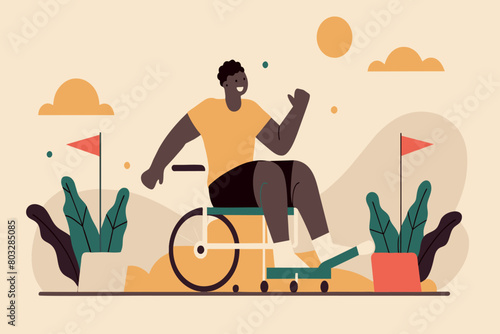 A man in a wheelchair celebrates victory at a race with flags and plants around