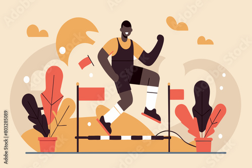 Hurdler clearing an obstacle in a race against an evening backdrop