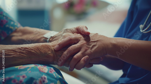 This heartwarming image captures a caregiver providing comfort through a gentle hand hold to an elderly patient
