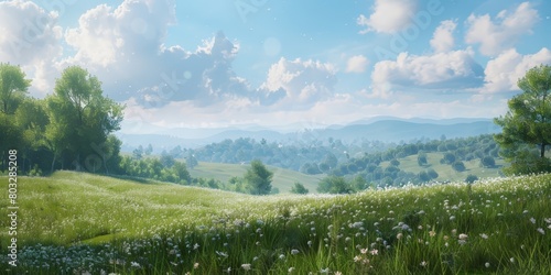 A painting featuring a grassy field with multiple trees standing tall and green under a clear blue sky photo