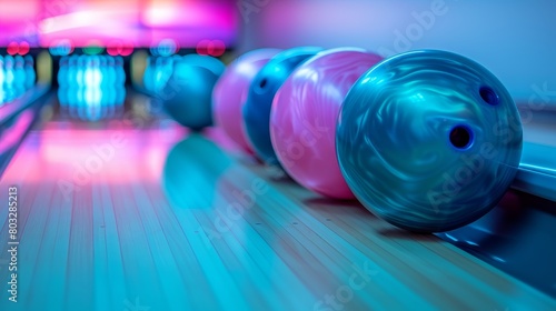 Colorful neon bowling balls on polished lane in modern bowling alley  vibrant and bright setting