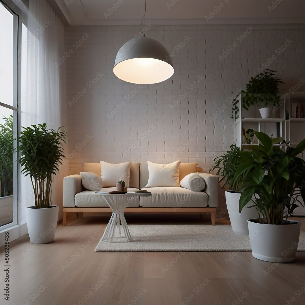 Luxury livingroom decoration or apartment interior design with houseplant, sofa, table, chair, holding light and furniture ai generative 