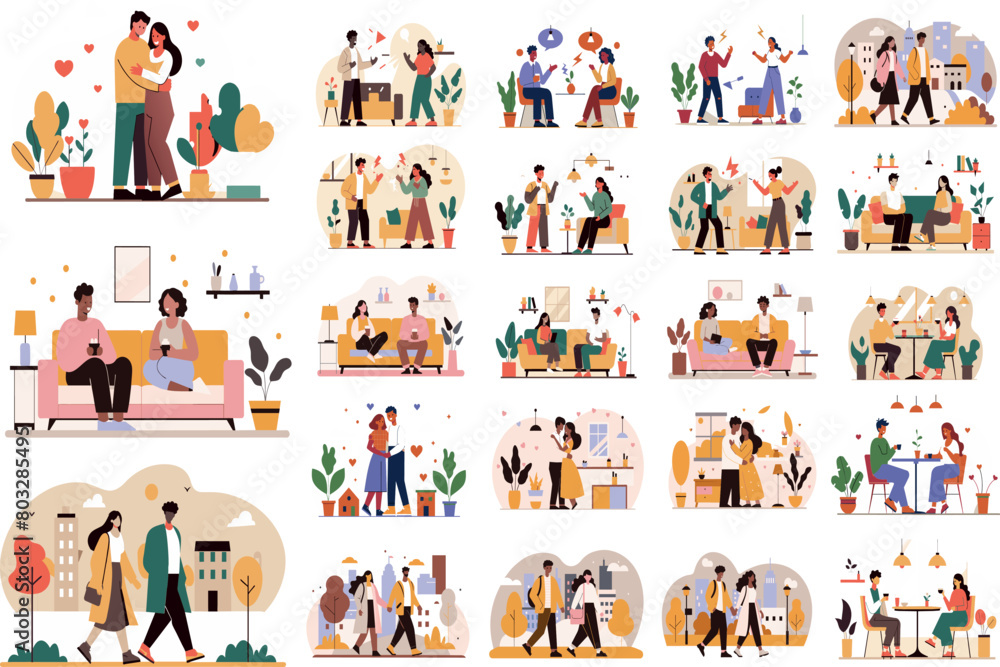 A collage of animated couples in moments of love, work, and leisure A collage of animated couples in moments of love, work, and leisure
